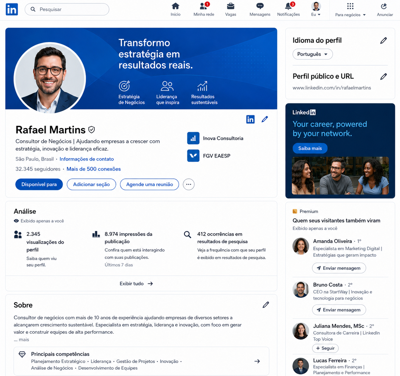 Exemplo de perfil LinkedIn otimizado pelo LinkMe Scanner